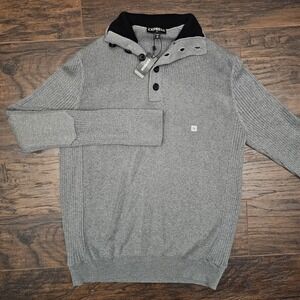 Express Mens XL Quarter‎ Button Ribbed Sweater Knit Pullover Gray Patches Top